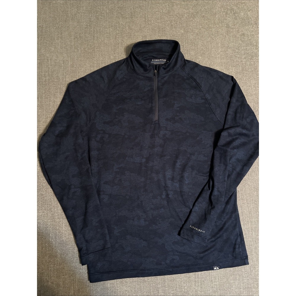 Fish Hippie 1/4 Zip Pullover Men's Small Logo Blue Camo Pattern‎ Casual